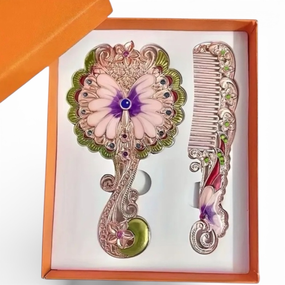 Decorative Pink Butterfly Hand Mirror and Comb Set